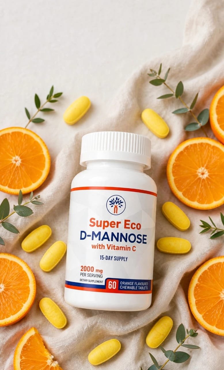 Super Eco D-Mannose 15-Day Supply bottle, 60 orange-flavoured chewable tablets