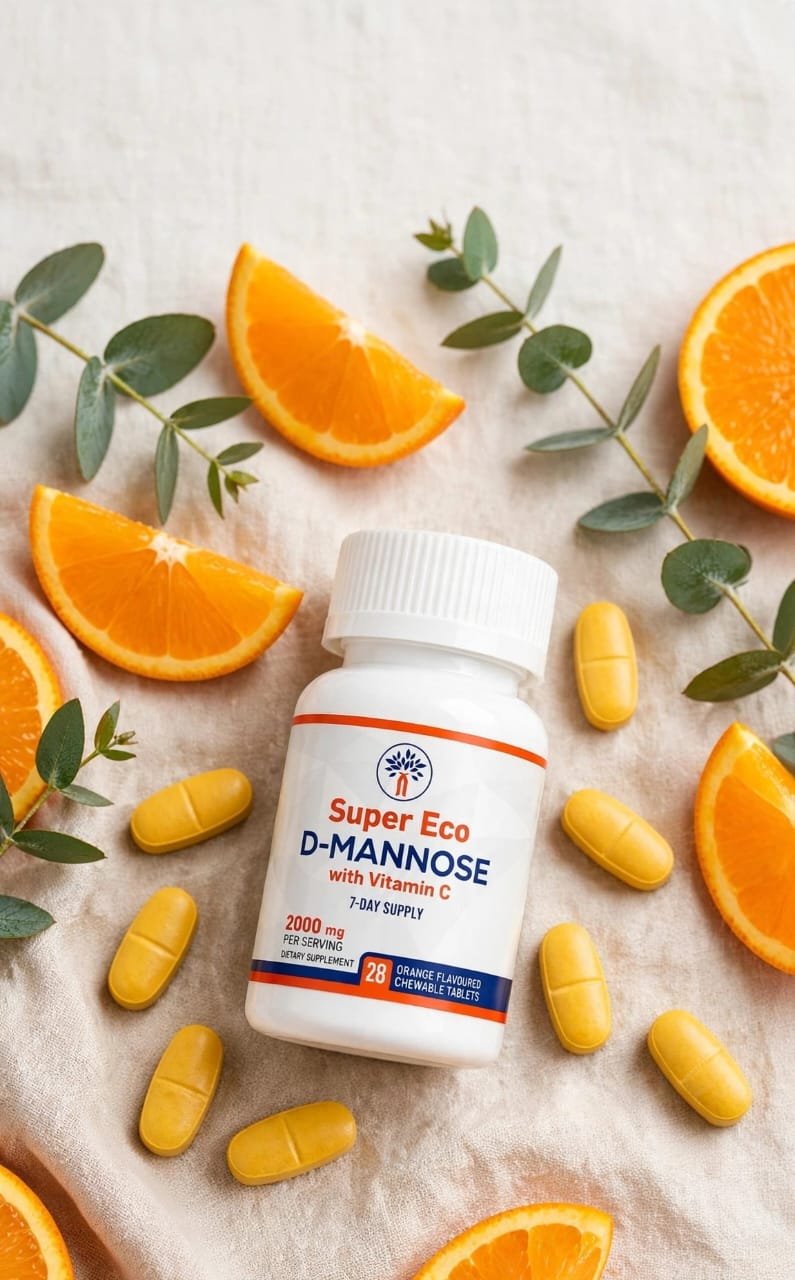 Super Eco D-Mannose 7-Day Supply bottle, 28 orange-flavoured chewable tablets